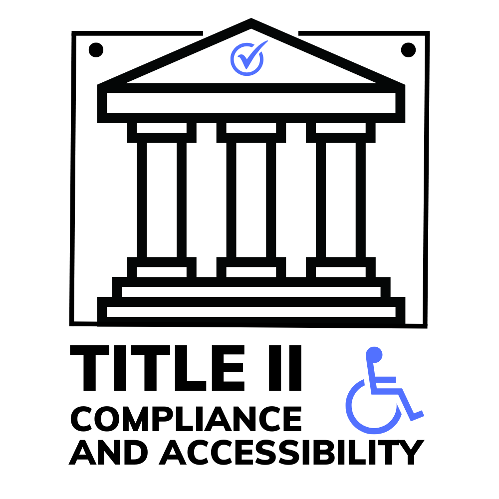 A black and white icon of a government building with columns, enclosed in a document-like outline with two circular fasteners at the top corners. A blue checkmark symbol is placed inside a small circle at the top of the building. Below the icon, bold black text reads "TITLE II COMPLIANCE AND ACCESSIBILITY." A blue wheelchair accessibility symbol is positioned to the right of the text.