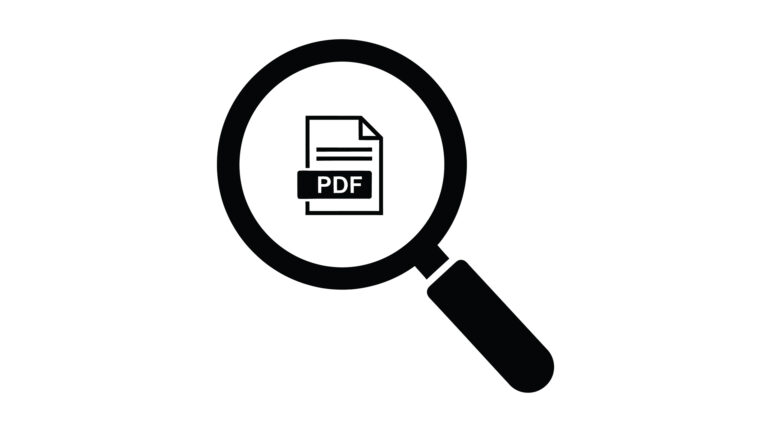 Black magnifying glass icon tilted diagonally with a thick handle, enclosing a simple document symbol labeled PDF with two horizontal lines, all set against a light gray background, suggesting searching or viewing a PDF file.